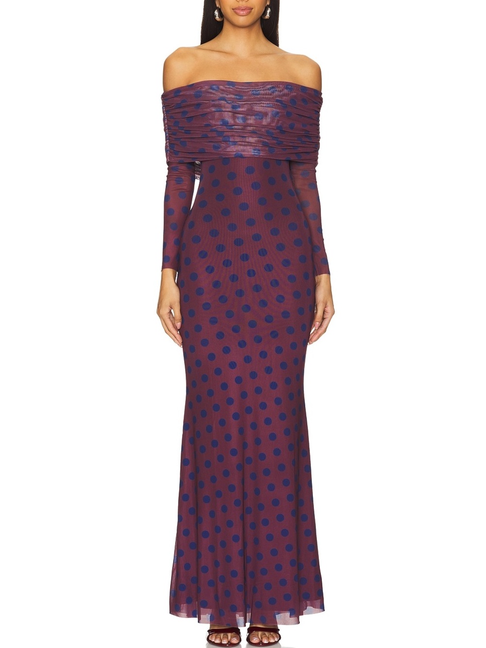 Off-Shoulder Polka Dot Maxi Dress in Plum and Navy